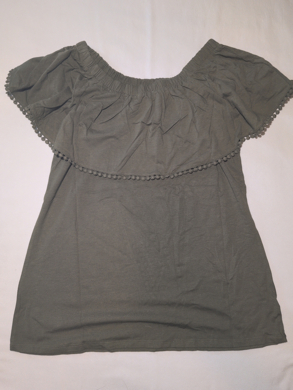 Denim&Co Olive Off-Shoulder Pom Trim Ruffle Top